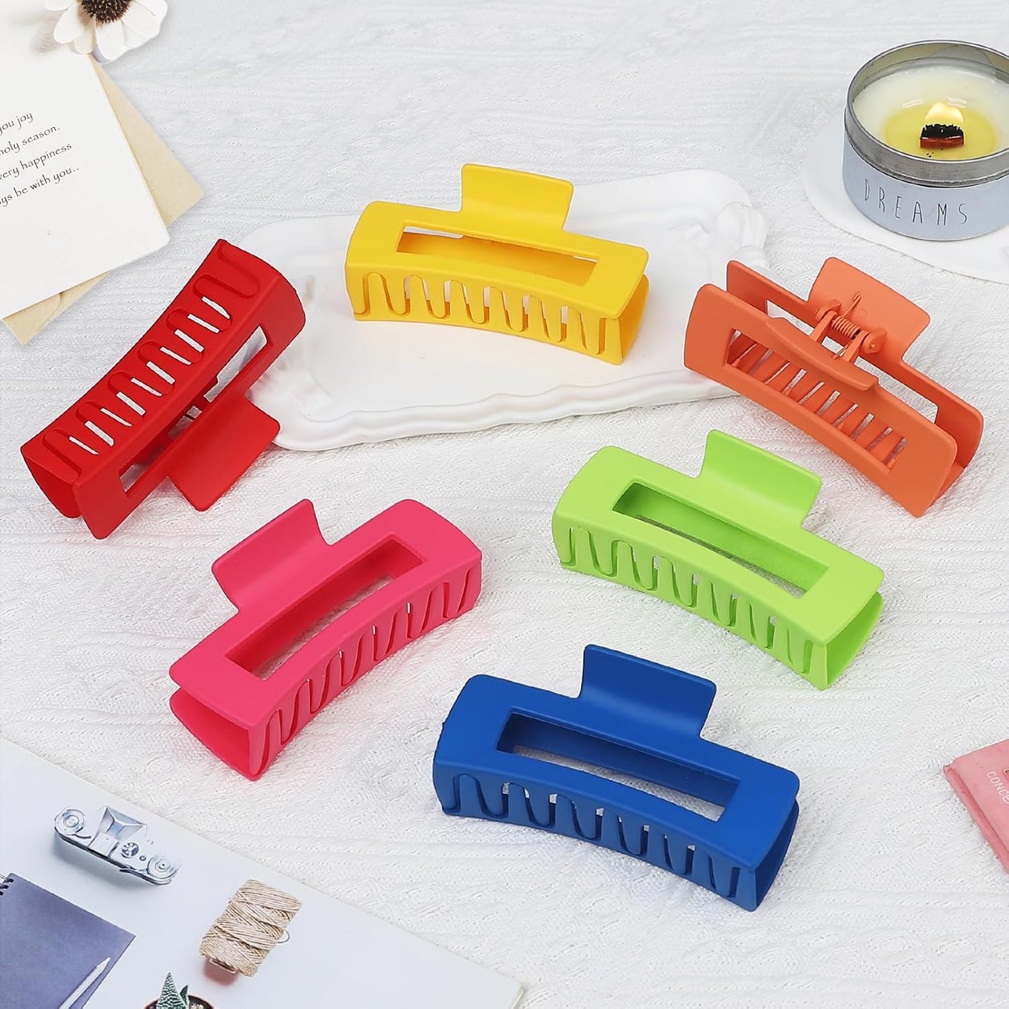 4 Inch Big Hair Claw Clips - 6 Pcs Large for Thick Hair, Square and Rectangle, Banana Jaw Clips, Hair Accessories for Women and Girls - Dopamine