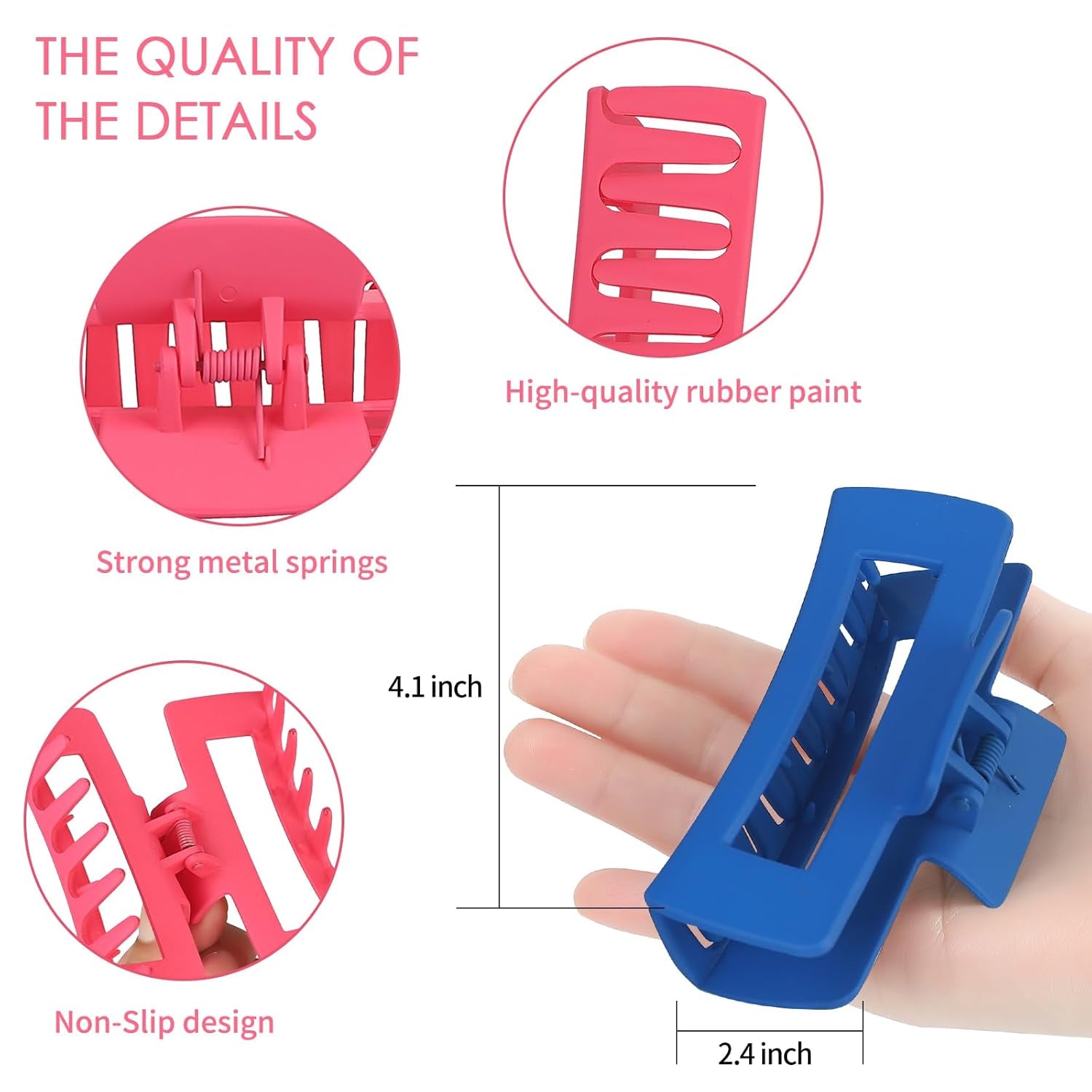 4 Inch Big Hair Claw Clips - 6 Pcs Large for Thick Hair, Square and Rectangle, Banana Jaw Clips, Hair Accessories for Women and Girls - Dopamine