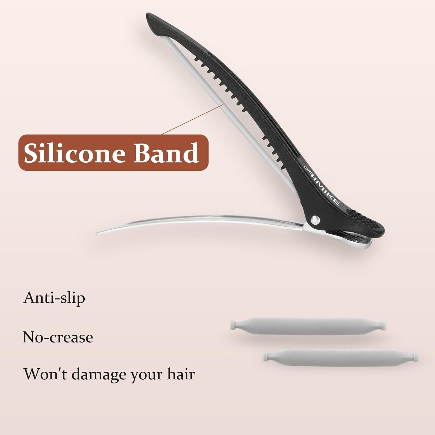 6Pcs Professional Hair Clips for Styling Sectioning, Non Slip No-Trace Duck Billed Hair Clips with Silicone Band, Salon and Home Hair Cutting Clips for Hairdresser, Women, Men - Black 4.3” Long